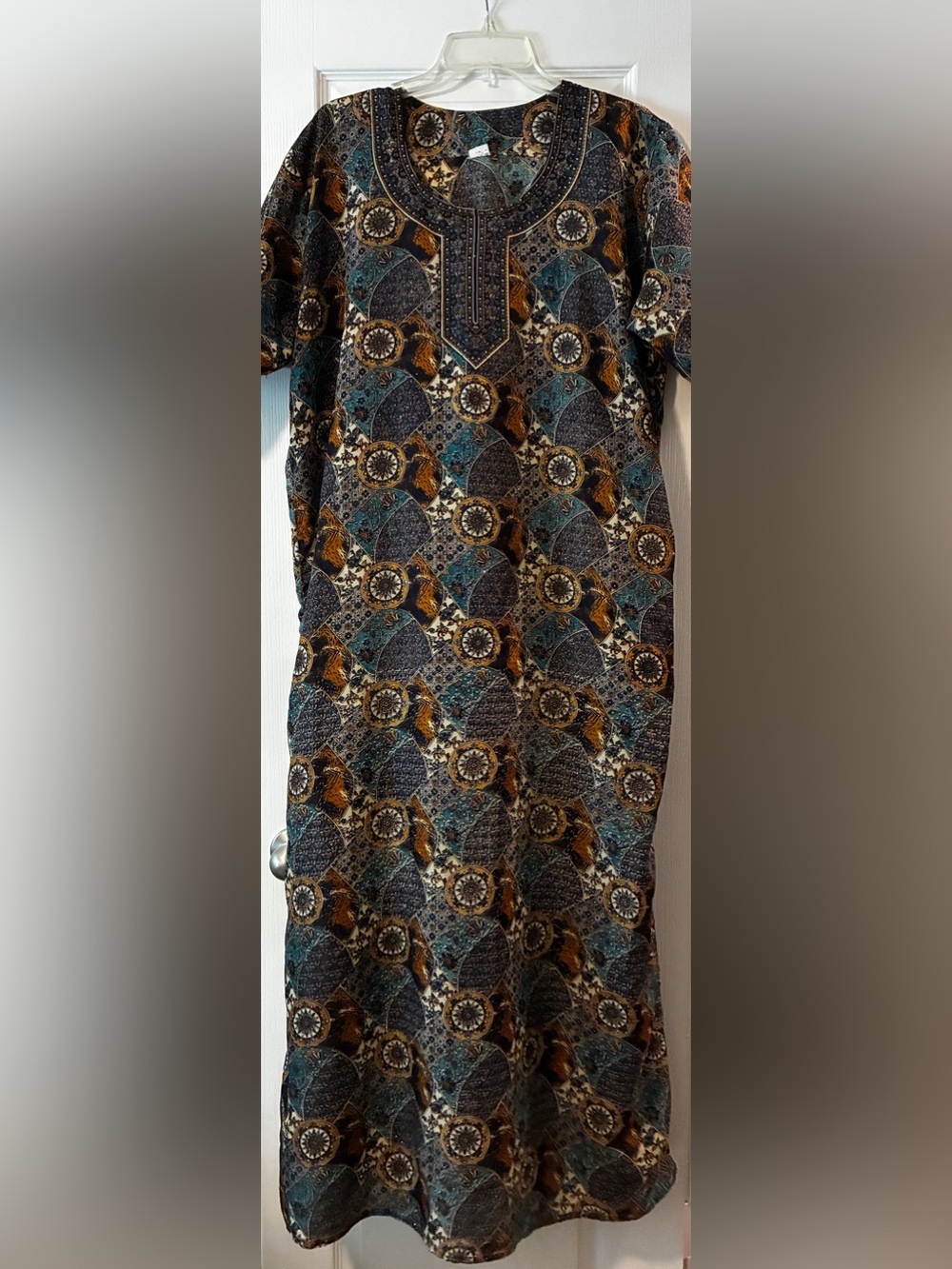 Patterned Maxi vintage kaftan Dress in Teal, Mustard & Navy